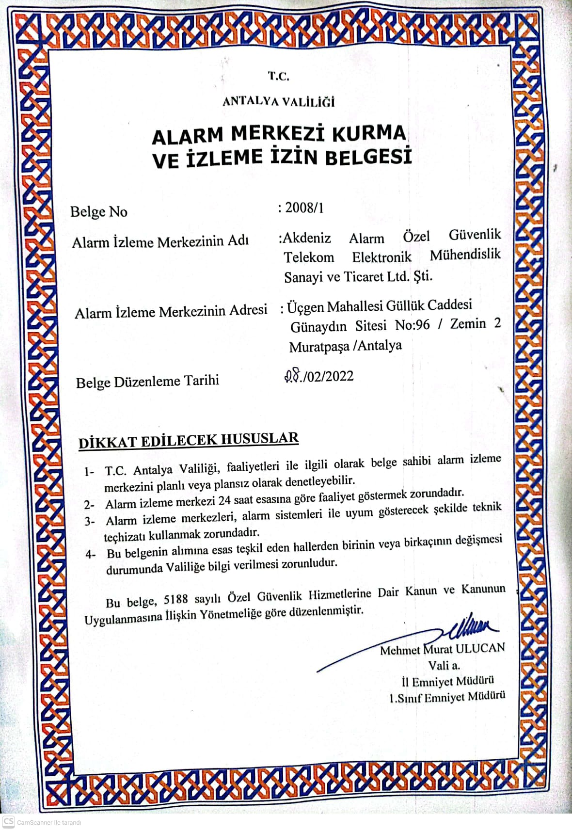 ALARM HABER ALMA MERKEZİ ONAY BELGESİ - Akdeniz Alarm güvenlik sistemi